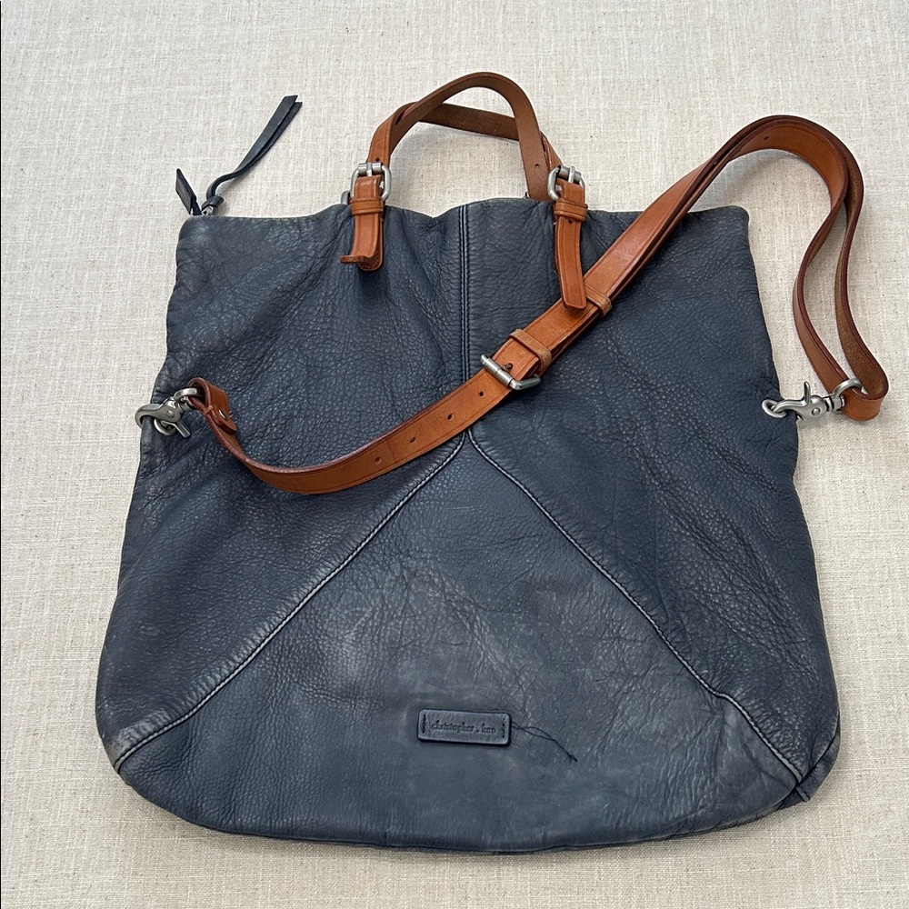 Christopher Kon Crossbody Bag Blue Leather Large Travel Tan Buckles - Picture 1 of 16
